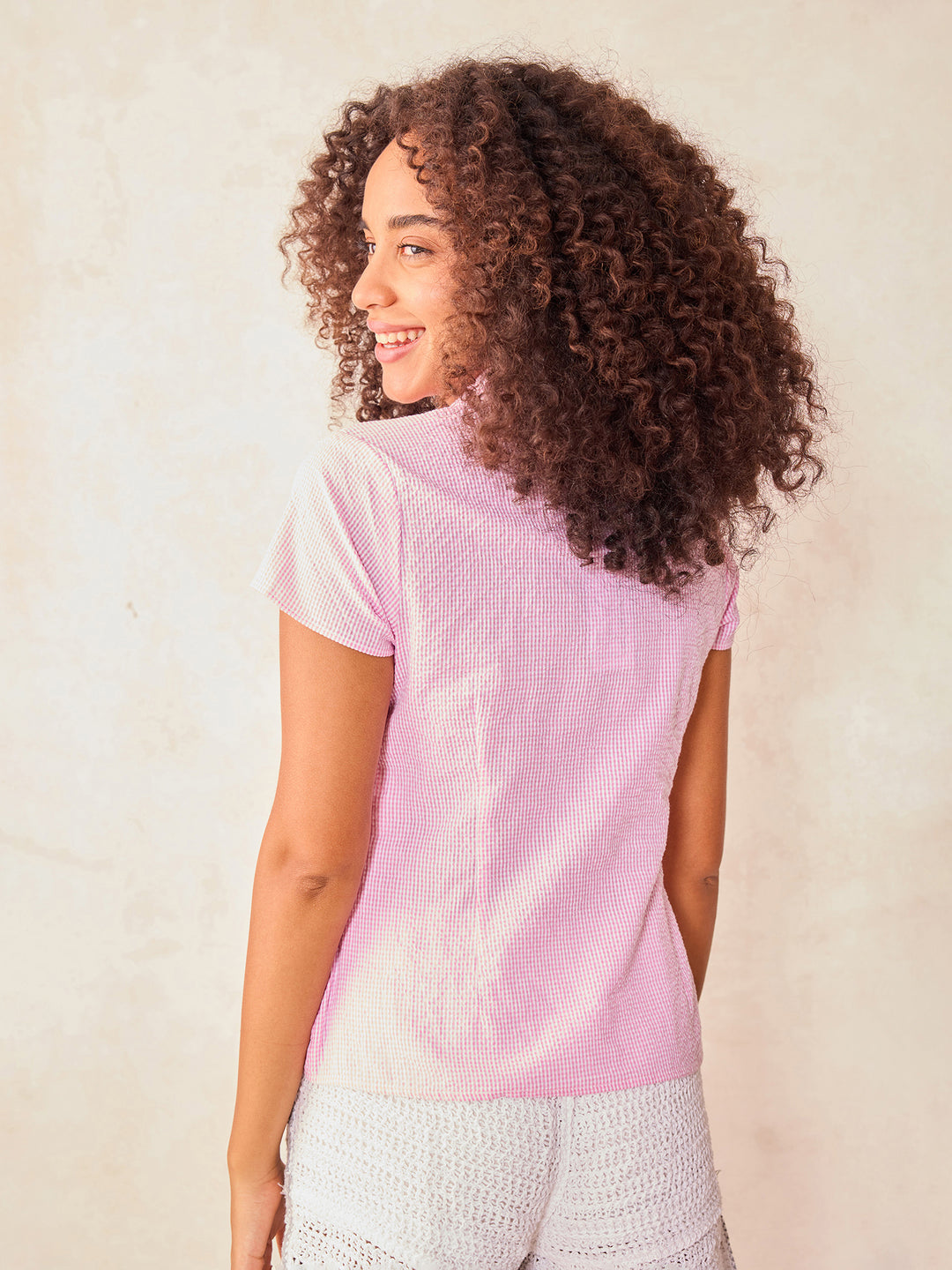 Pink Half Sleeve Fitted Check Shirt