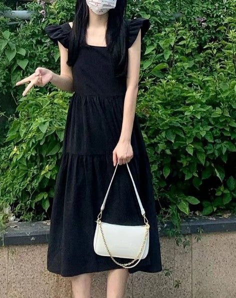 Black Fit And Flare Tier Dress With Ruffle