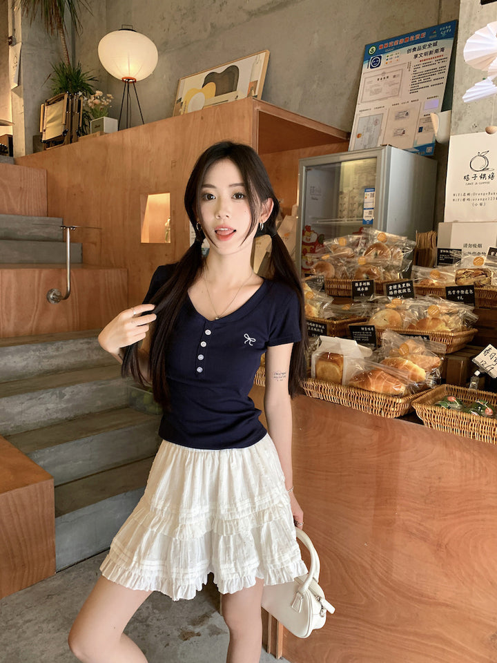 Navy Blue V Neck Button Relaxed Top