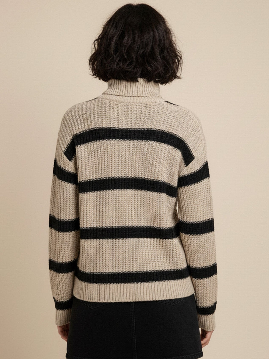 Beige High Neck Striper Sweater
