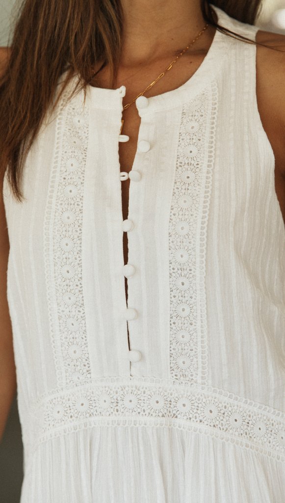 White High Neck Mandarin Collared Flowy Dress