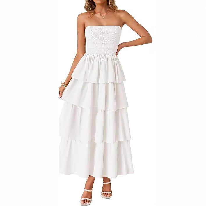 White Tube Smoked Dress With Ruffled Layers