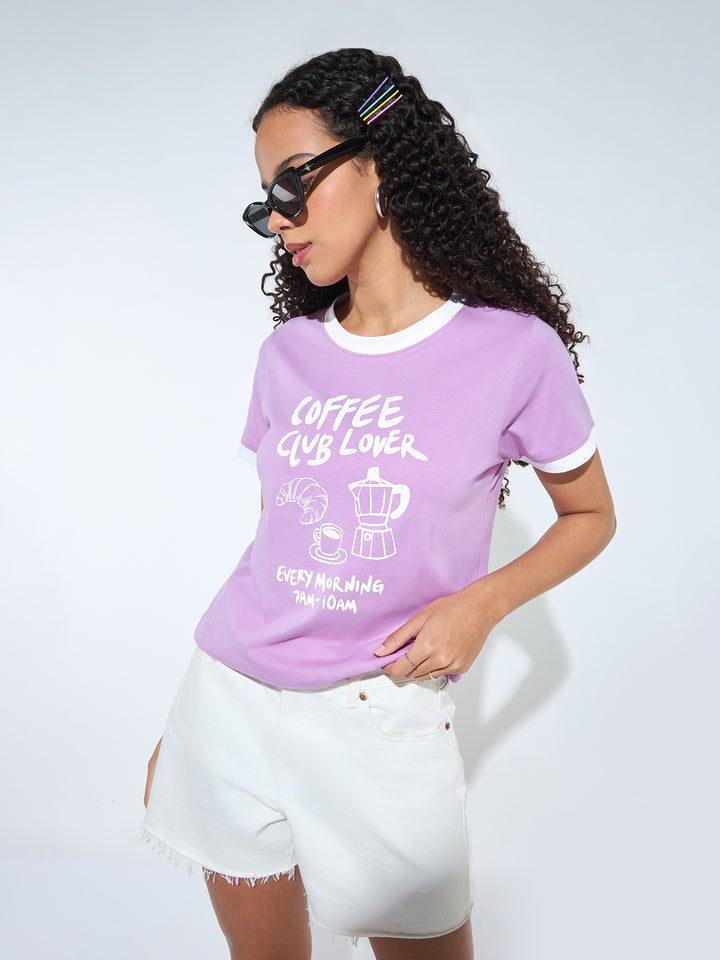 Lavender Graphic Printed Contrast Hem T-Shirt