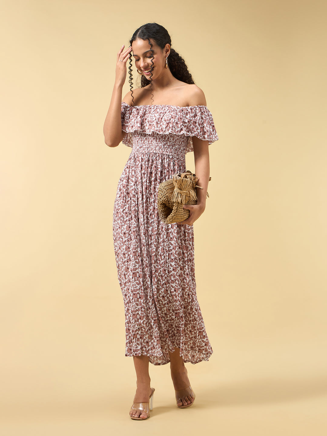 Beige Off Shoulder High Slit Dress