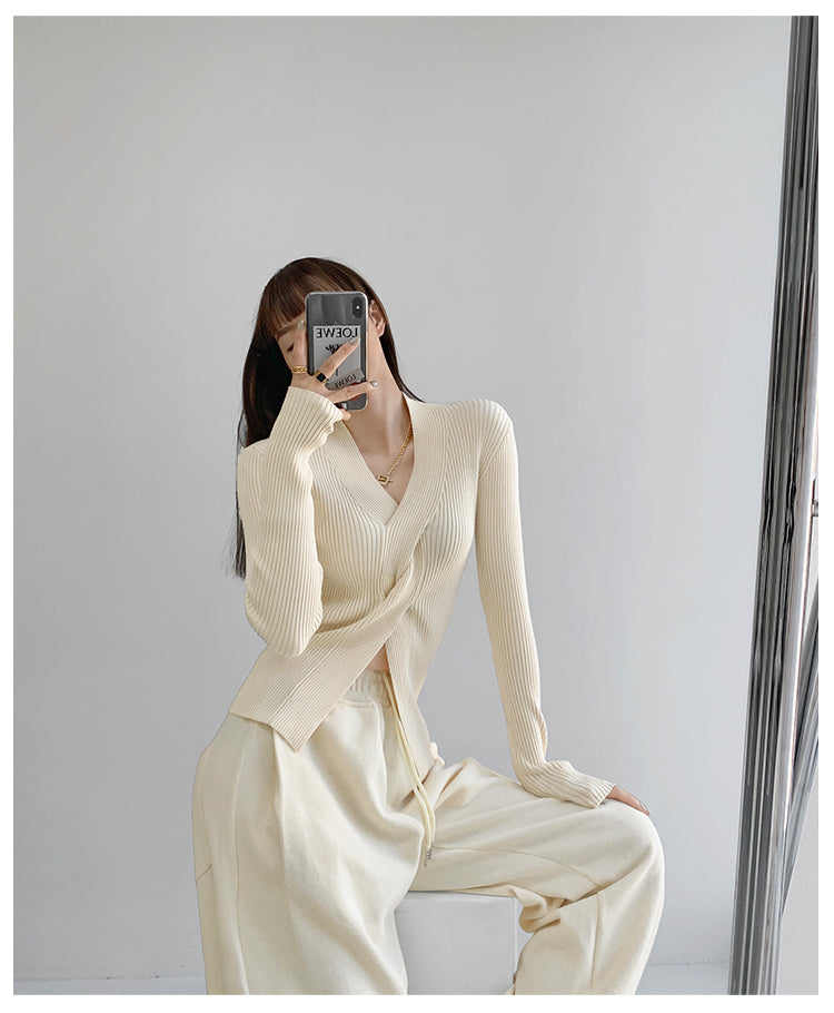 Cream Full Sleeve V Neck Wrap Pullover Top