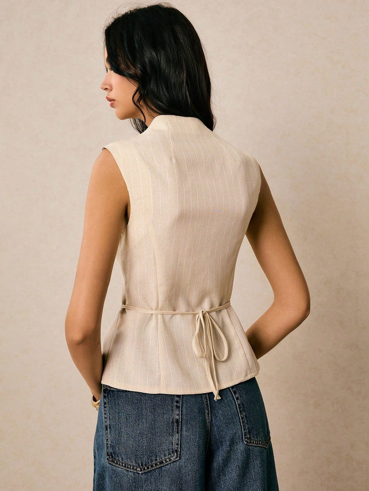Cream Sleeveless Front Buttoned Fitted Vest