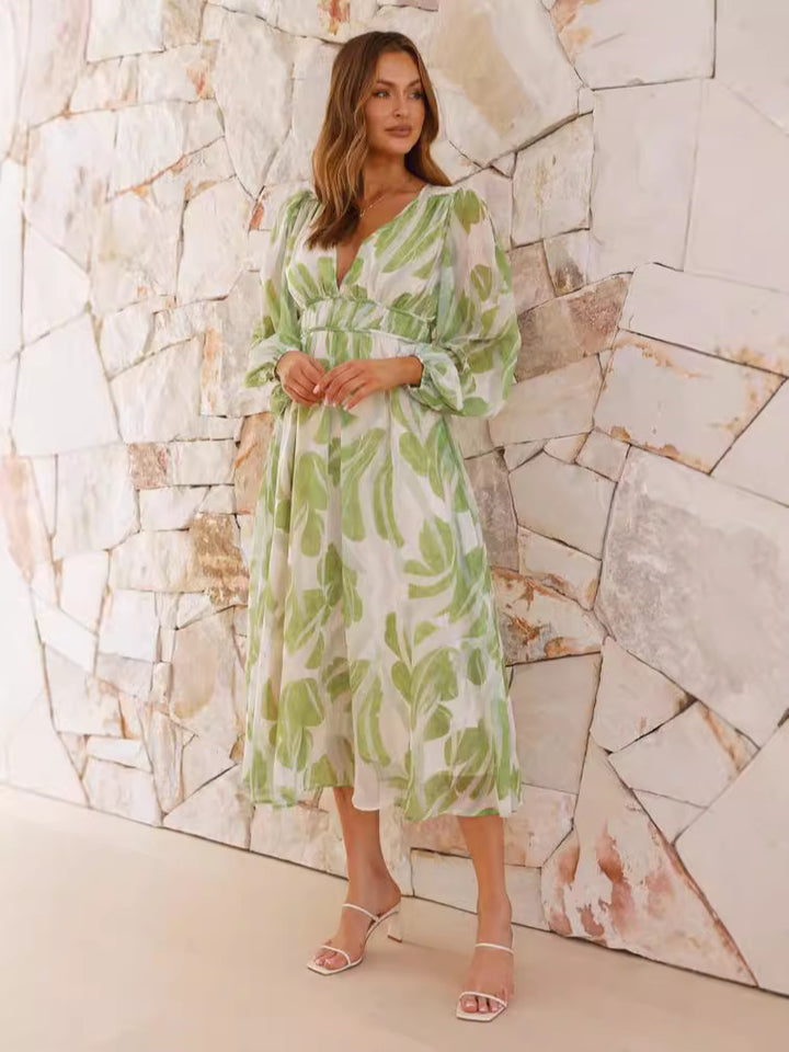 Green Plunge Neck Printed Midi Dress