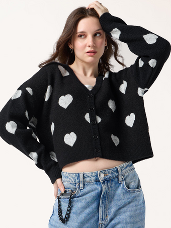 Black Fuzzy Hearts Cardigan