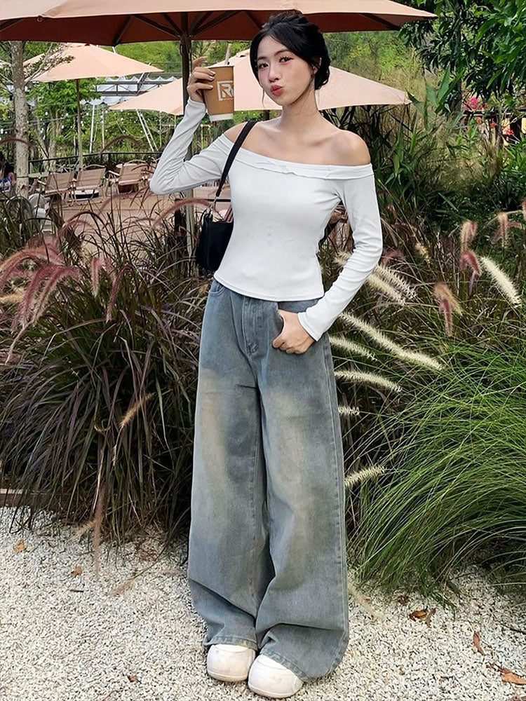 White Off Shoulder Full Sleeves Fitted Top