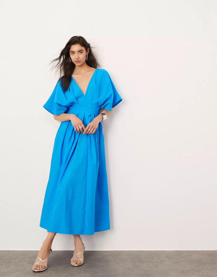 Blue Short Sleeve Waist Fitted Dress