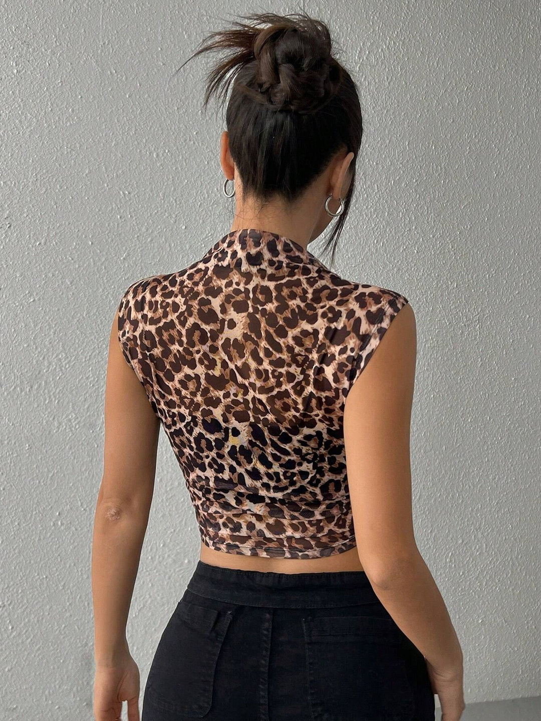 Brown Printed Sleeveless High Neck Semi Sheer Top