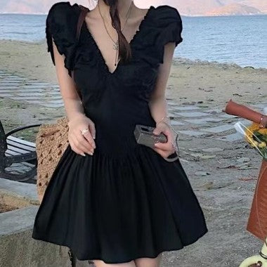 Black V Neck Fit And Flare Mini Dress
