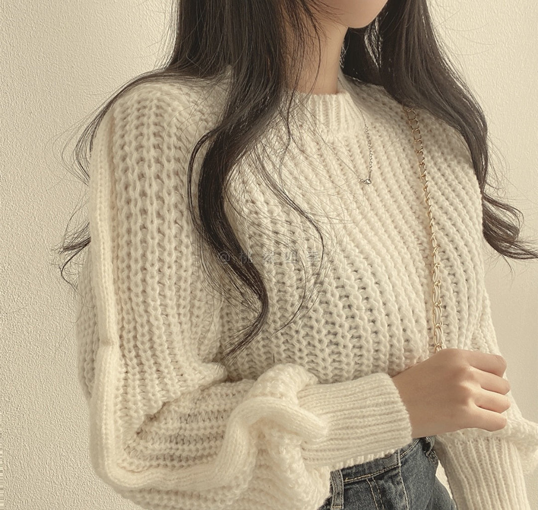 White Puff Sleeve High Neck Plain Chunky Sweater
