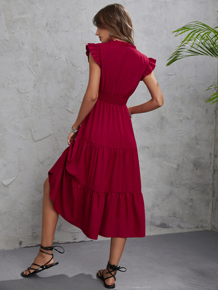 Red Waist Smocking Tiered Dress