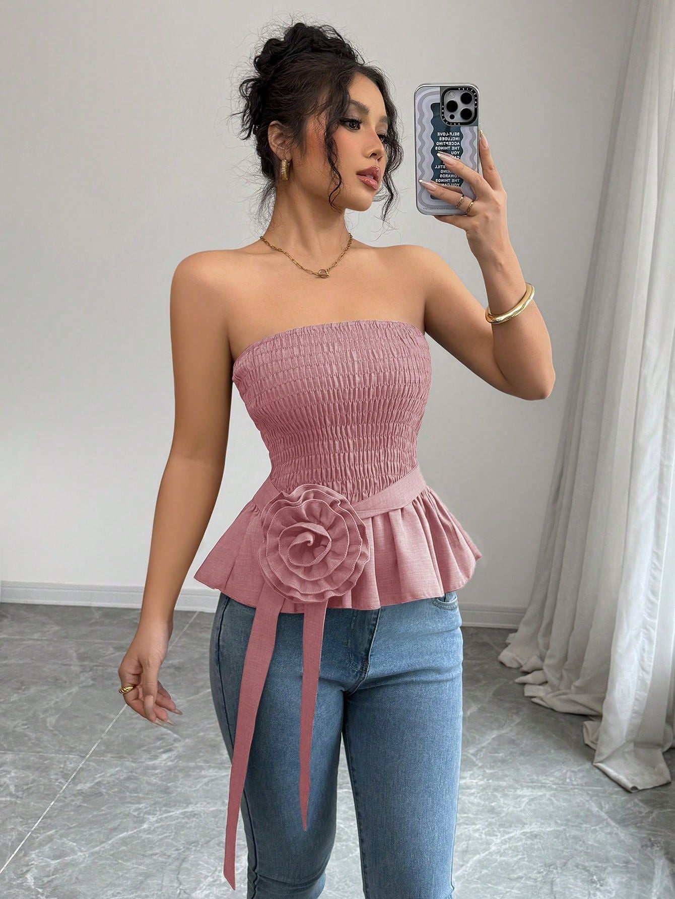 Pink Strapless Smocked Top