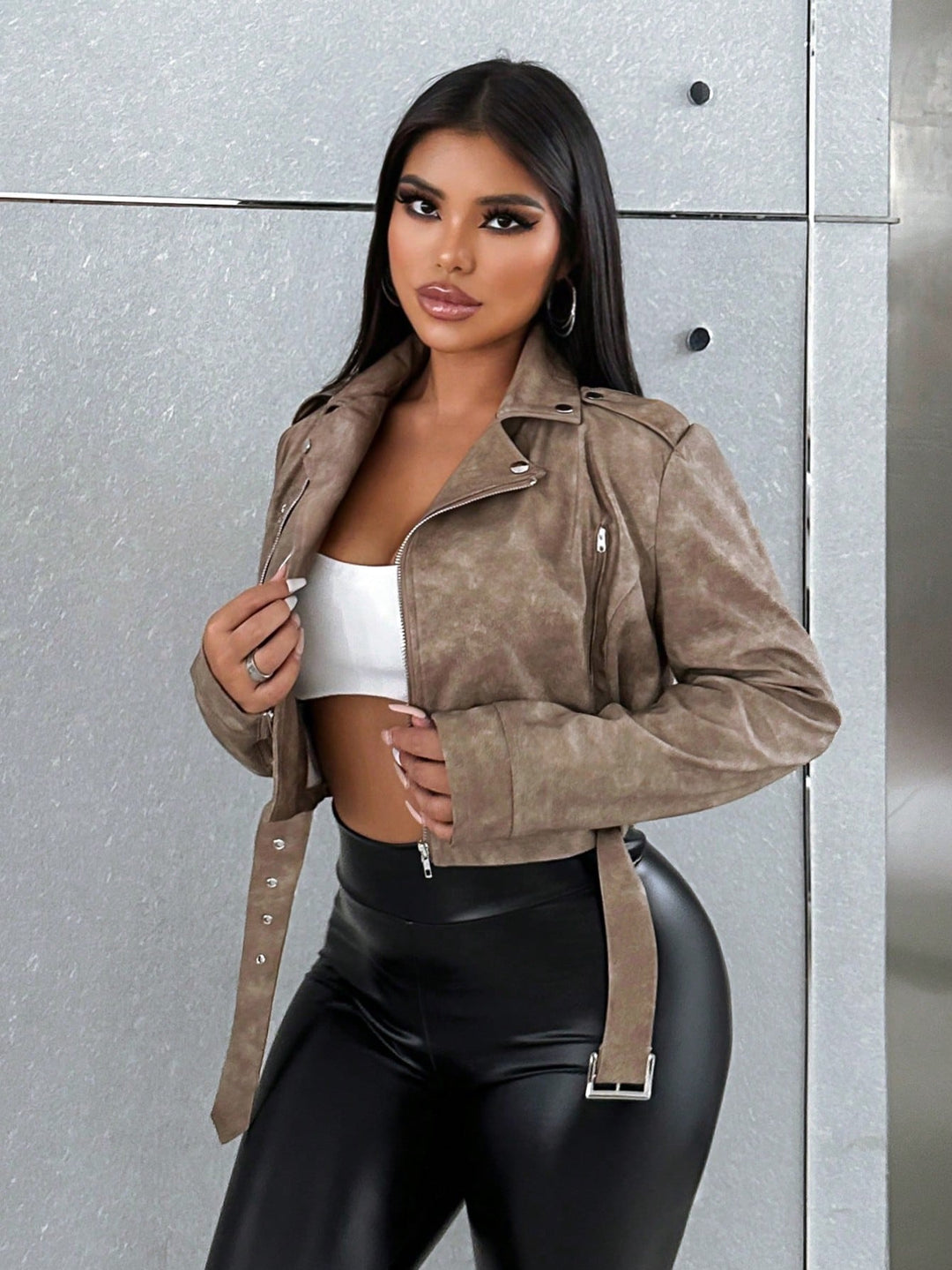 Brown Full Sleeve Belted Suede Jacket