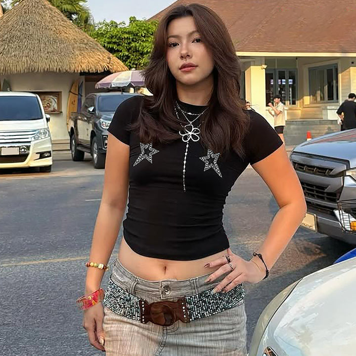 Black Rhinestone Short Sleeve Crop Top