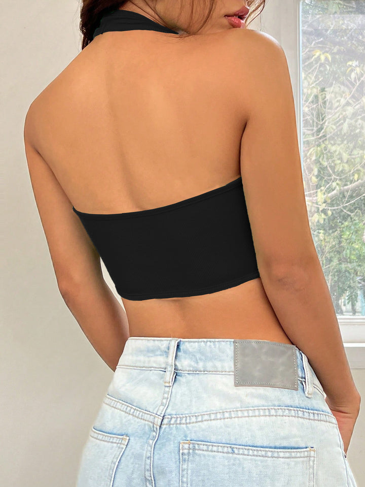 Black Halter Neck Tank With An Apple Hem