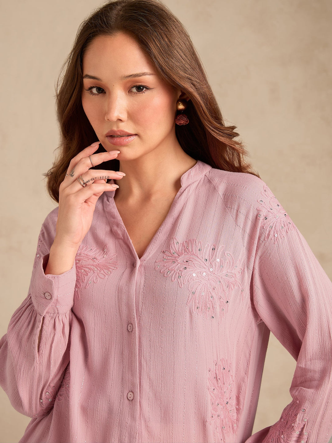 Mauve V-Neck Embroidered Long Sleeve Shirt With Embroidery