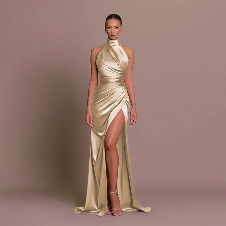 Gold  Halter Neck Satin Wrap Dress
