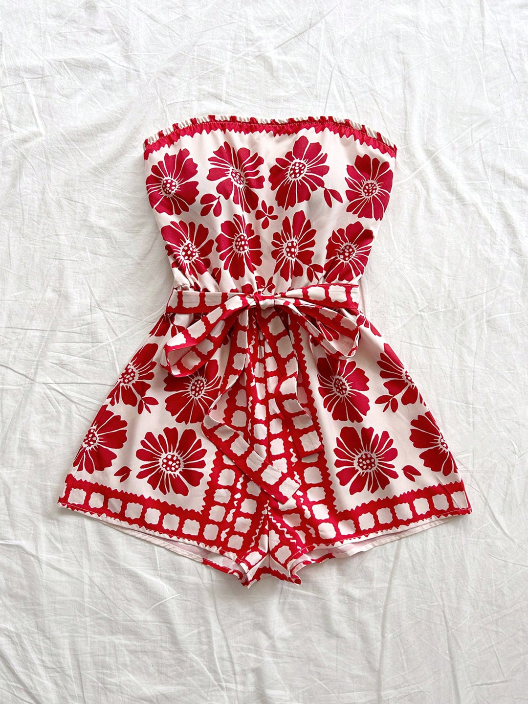 Red Printed Wrap Playsuits