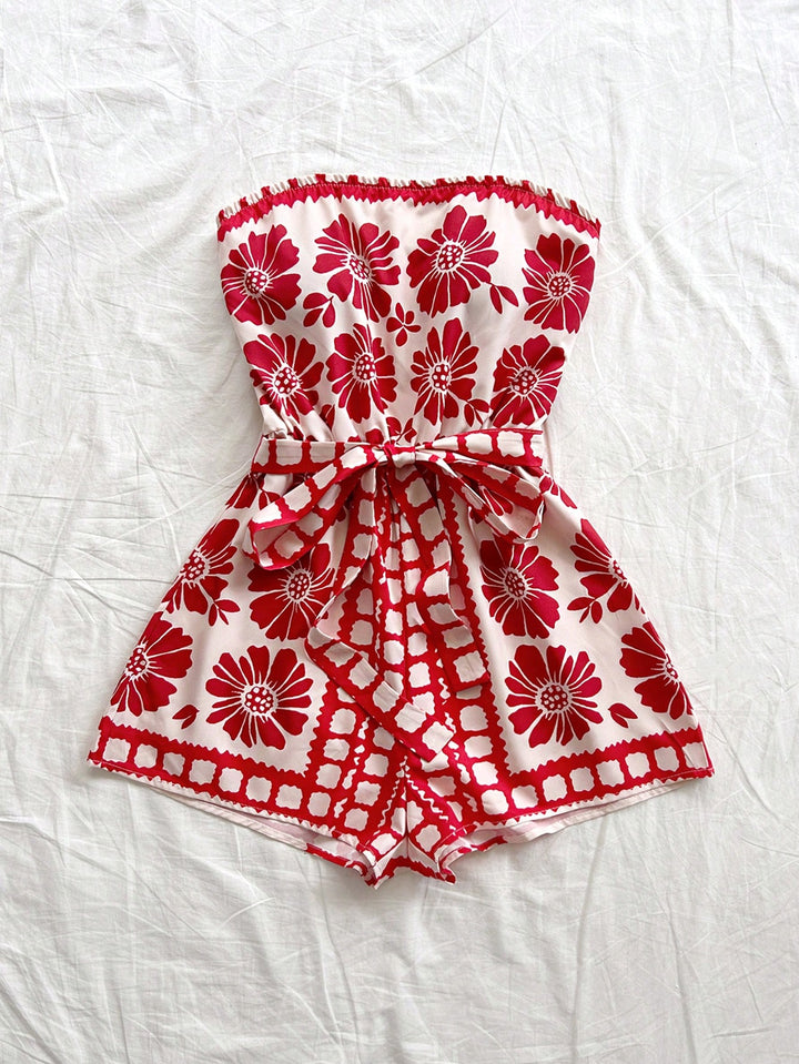 Red Printed Wrap Playsuits