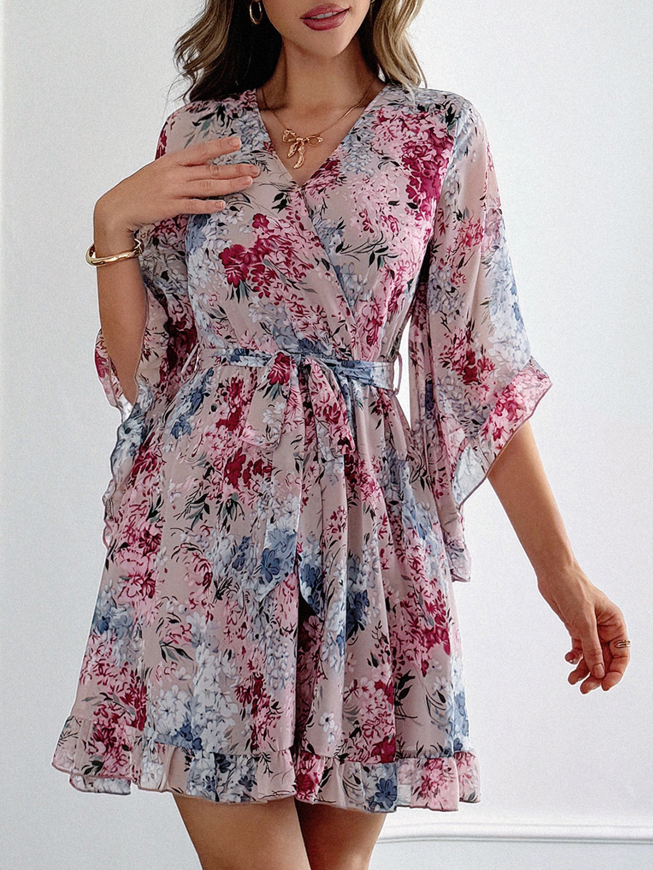 Pink V-Neck Bell Sleeves Mini Dress