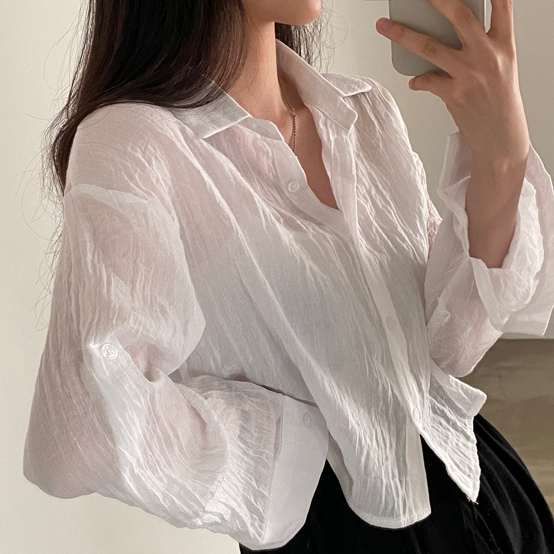 White Textured Solid Sheer Shirt