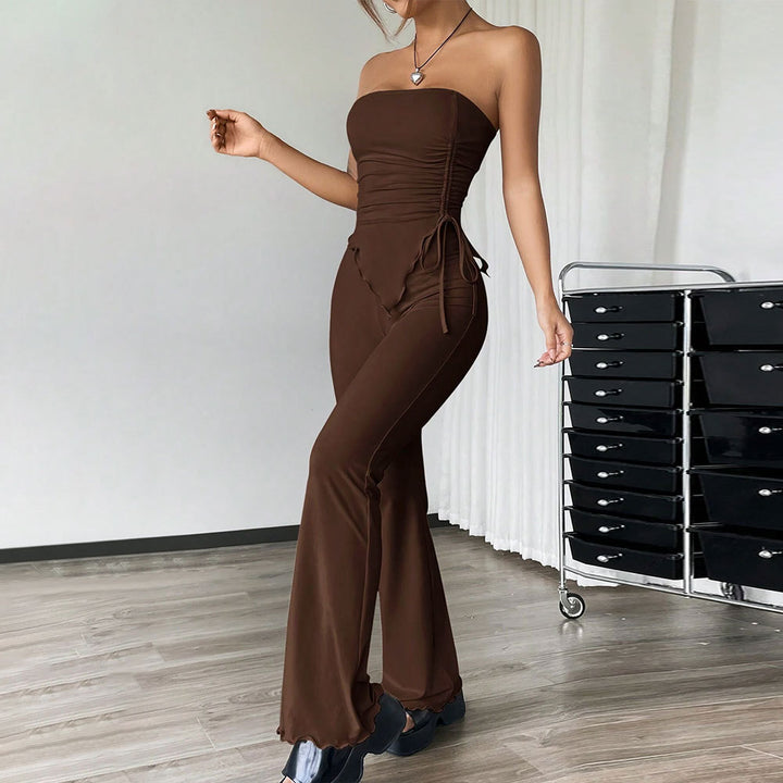 Brown Strapless Side Ruched Asymmetrical Hem Co-Ords Set