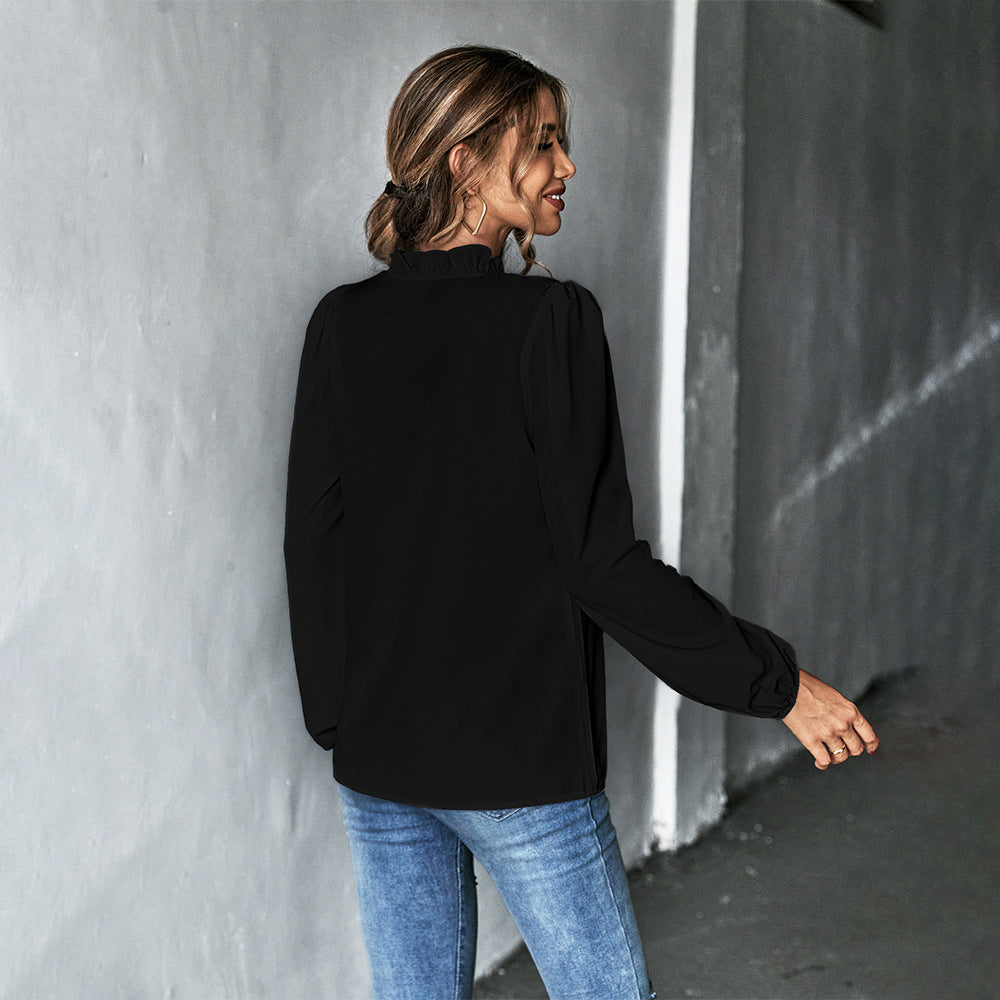 Black Bishop Sleeve Ruffle Hem Top