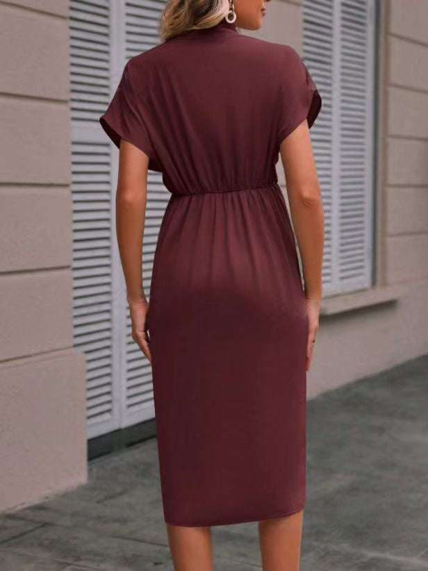 Maroon Short Sleeve V Neck Waist Tie-Up Dress
