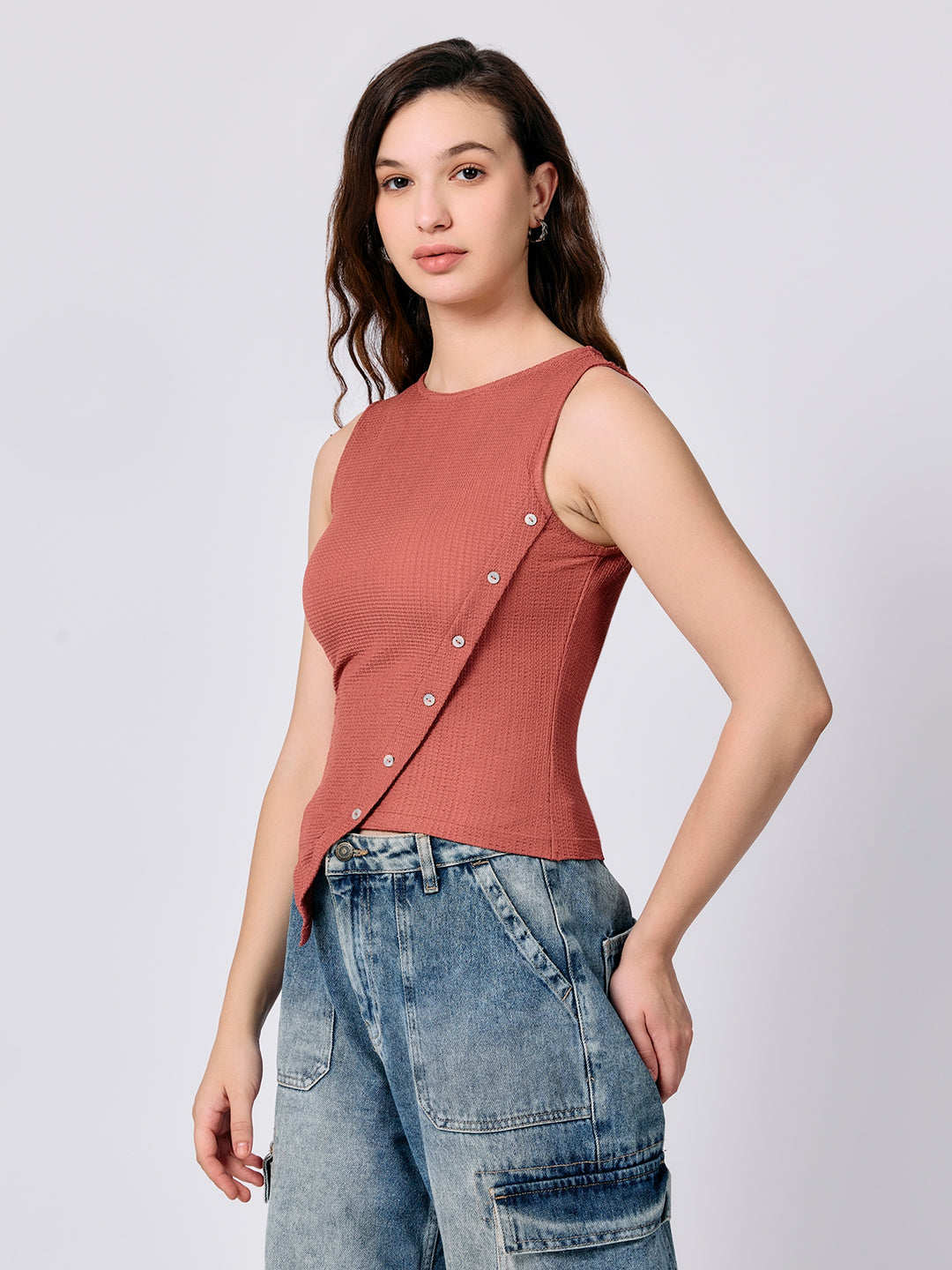 Coral Textured Assymetric Hem Tank