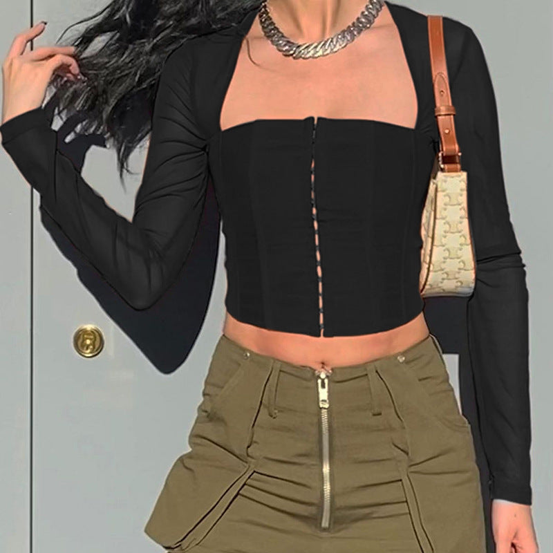 Black Front Zip Square Neck Top