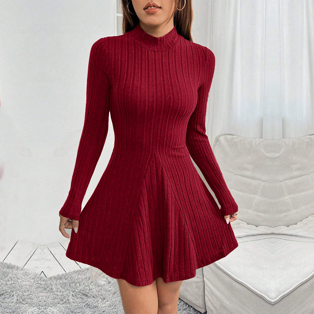 Burgundy High Neck Wide Spaced Rib Dress