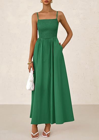 Green Strappy Square Neck Cinched Waist Dress With Pockets
