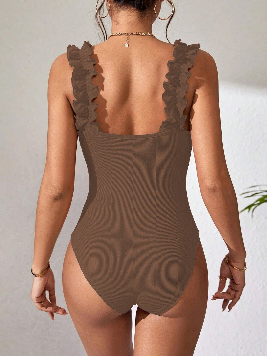 Brown Square Neck Ruffle Bodysuit