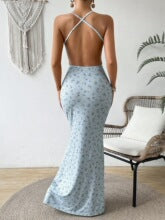 Light Blue Floral Printed Backless Dress