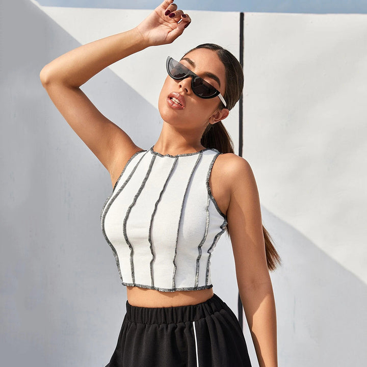 White Contrast Seam Crop Top
