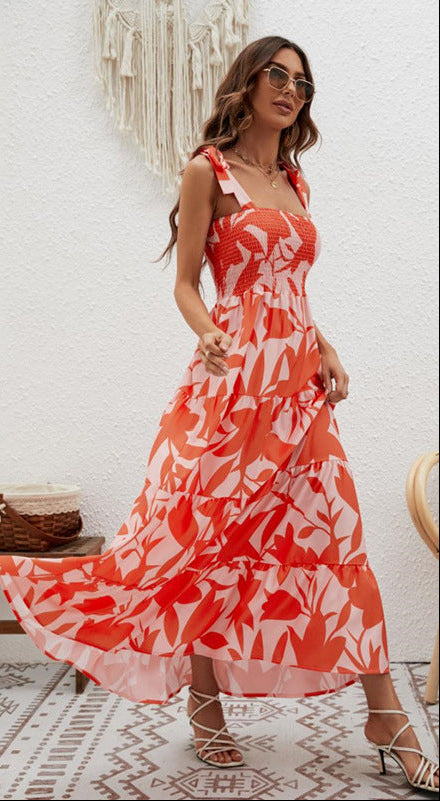 Orange Printed Tie Up Maxi Dress