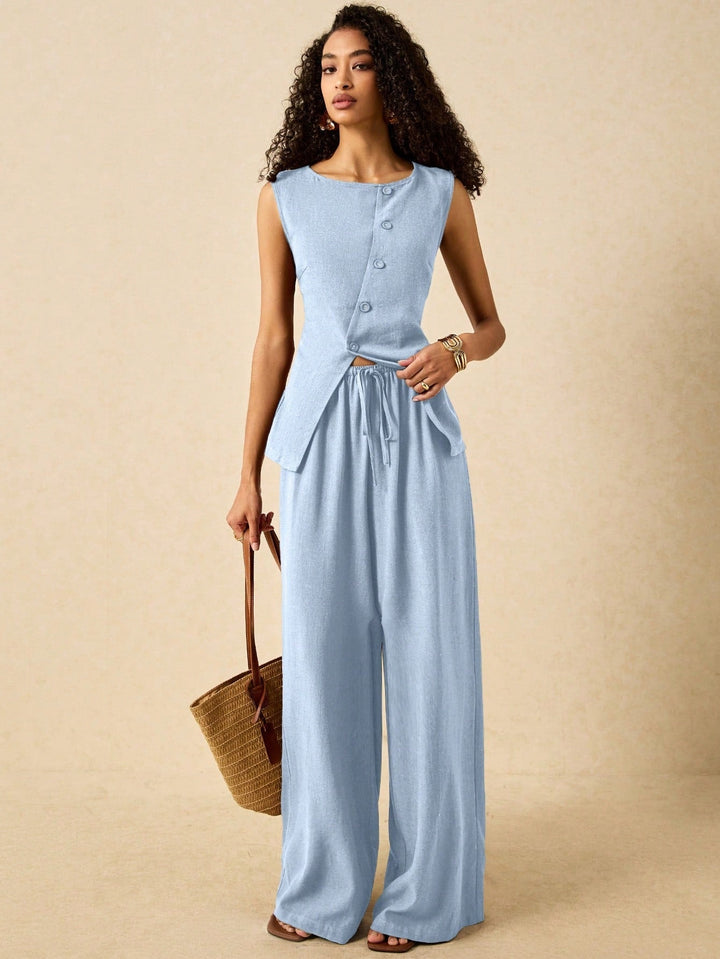 Light Blue Sleeveless Front Buttoned Vest And Pant Set