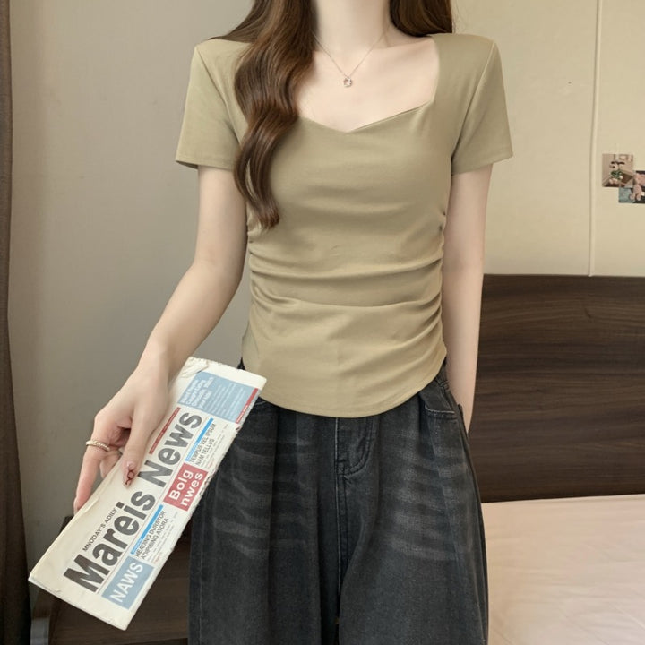 Beige Sweatheart Neck Fitted Top