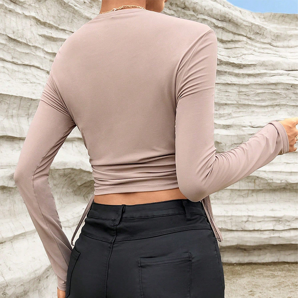 Mauve Ide Neck Top With Side Ruching Tie Up