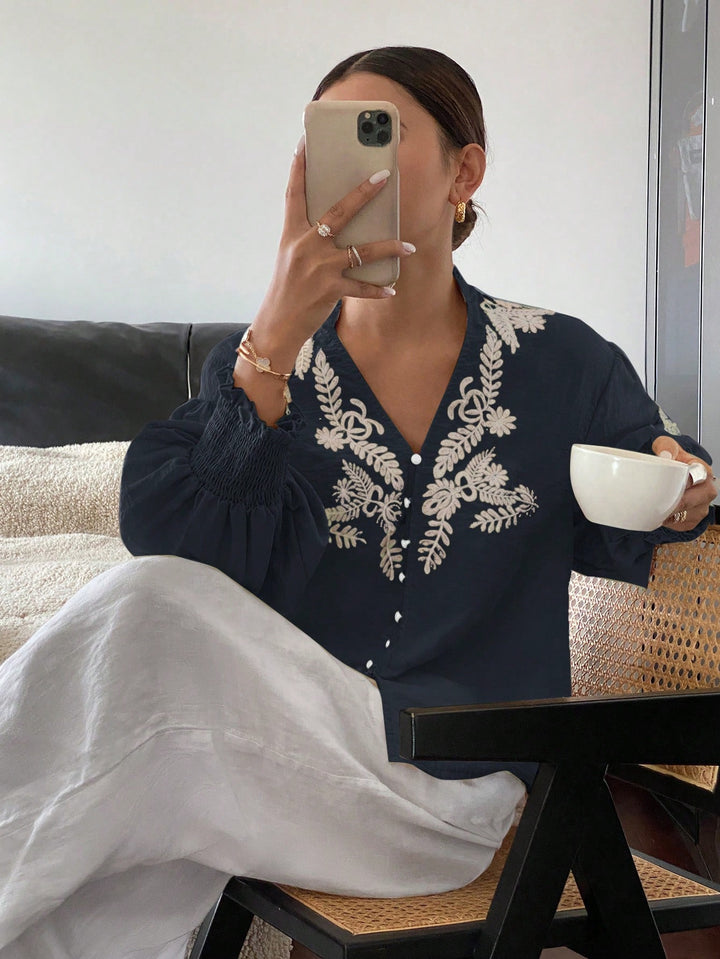 Navy Blue Bishop Sleeve V Neck Embroidered Top