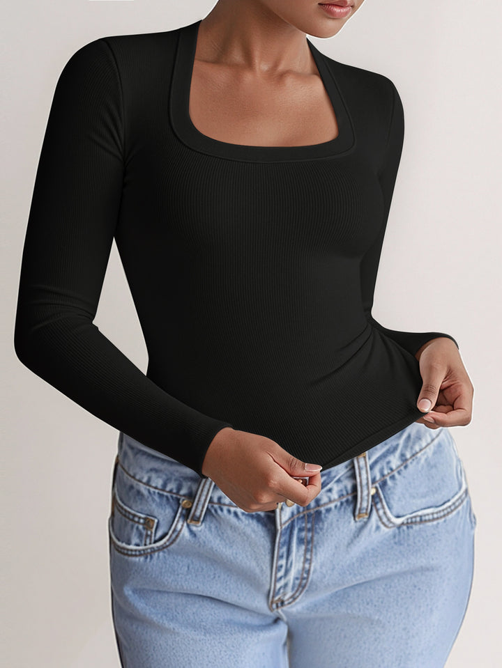 Black Basic Full Sleeves Solid Square Neck Top