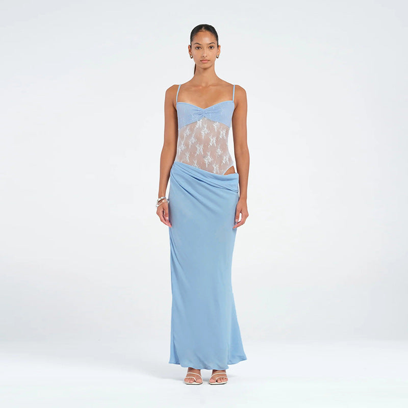 Blue Lace Insert At Waist Maxi Dress