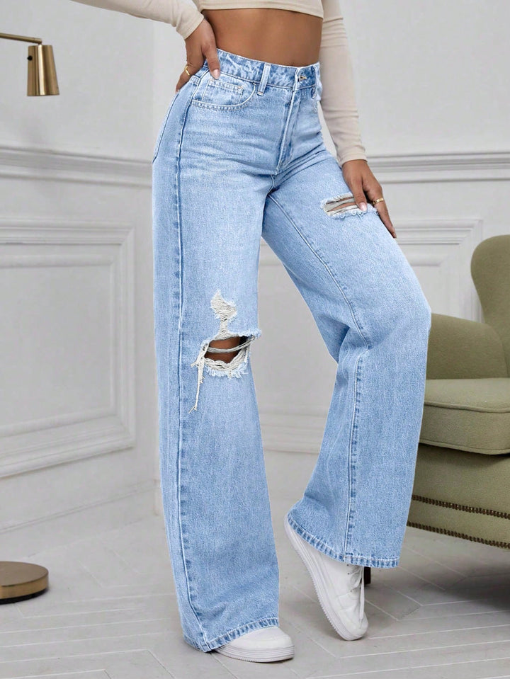 Light Blue Knee And Thigh Distressed Baggy Jeans