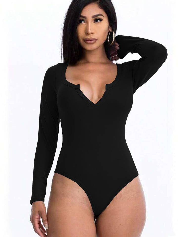 Black Full Sleeved Scoop V-Neck Bodysuit