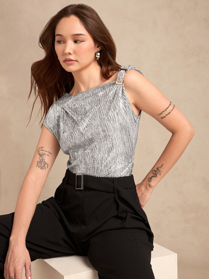 Silver Metallic Textured Twisted Strap Top