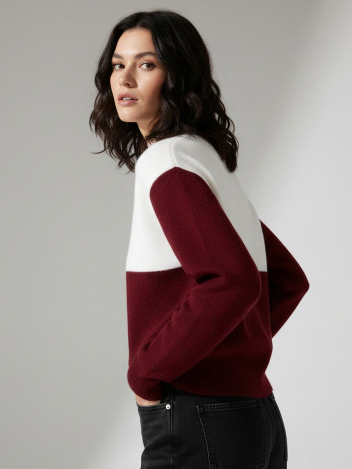 Maroon Full Sleeve Mock Neck Colour Block Sweater