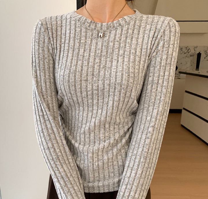 Grey Full Sleeve Crew Neck Fitted Top